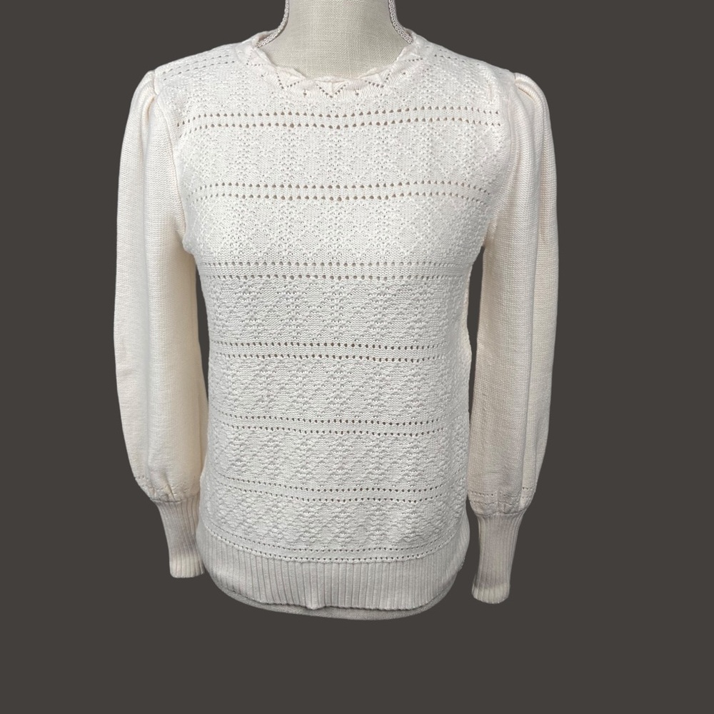 LOFT Ivory Scalloped Neck, Long Sleeve Sweater, 100% Cotton- Medium